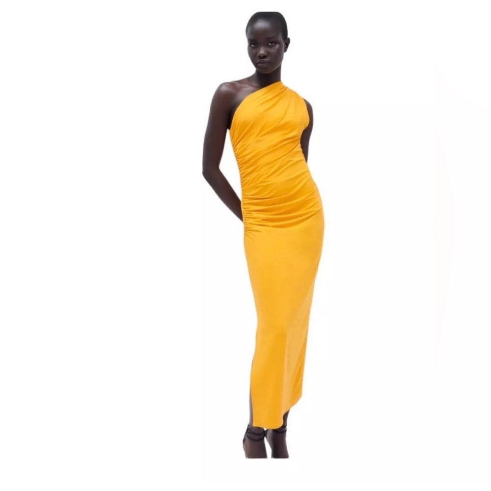 ZARA Asymmetrical One-Shoulder Yellow Evening Maxi Dress size Small